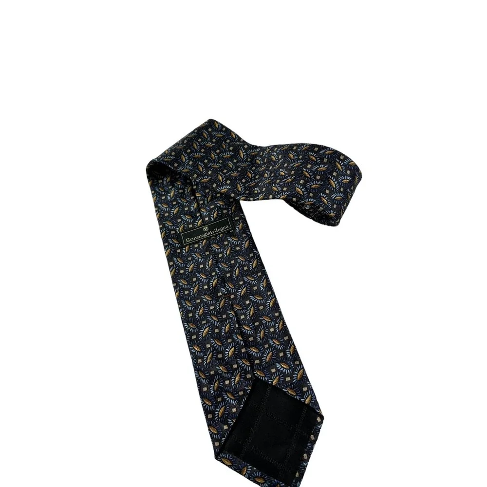 Ermenegildo Zegna Blue Brown Gray Floral Print Tie 3.75 Inch Width